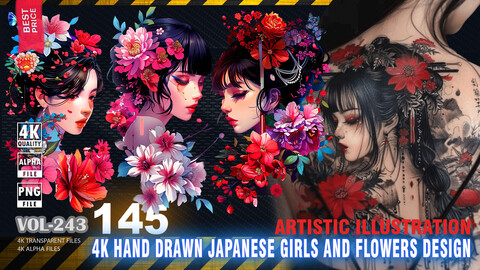 145 4K HAND DRAWN JAPANESE GIRLS AND FLOWERS DESIGN - ARTISTIC ILLUSTRATION - HIGH END QUALITY RES - (TRANSPARENT & ALPHA) - VOL243