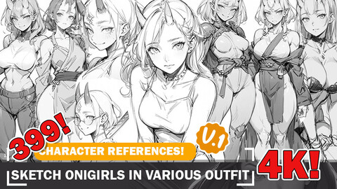 399 Unique Oni Girl Beauties in Various outfit - Character Sketch Reference and Designs Reference Art V1 4K