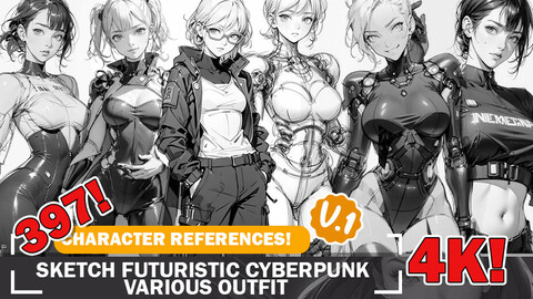 397 Futuristic Cyberpunk Beauties Sketches in Various outfit - Character Sketch Reference and Designs Reference Art V1 4K