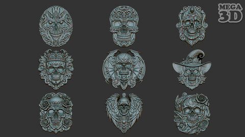 Halloween Skull Basrelief Pack 240528 3D Model Collection