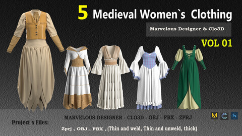 5 Medieval Women`s Clothing ( (VOL . 01) Designed in Clo3D (zprj, fbx, obj , clo3D)