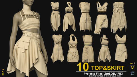 10 TOP & SKIRT VOL 1 (MARVELOUS DESIGNER AND CLO3D)ZPRJ, OBJ, FBX,UV