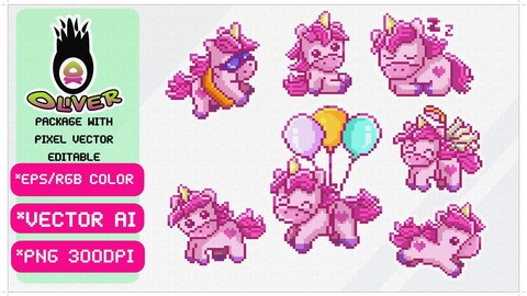 Happy Unicorn Pixel Art Package, Pixel Art, Vector Art, and Happy Unicorns