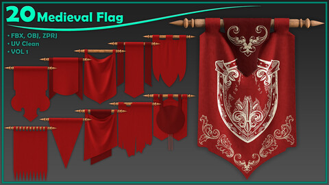 20 medieval flag/ zprj+obj+fbx/ clo3d, marvelous designer