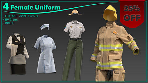 4 female uniform with texture/waiter, nurse, firefighter, ranger/ zprj+obj+fbx+4K PBR/ clo3d, marvelous designer/ uniform pack vol4