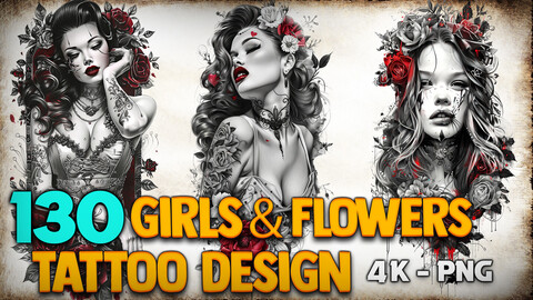 130 Girls & Flowers Tattoo Design (PNG Files)-4K- High Quality