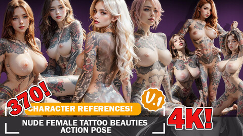 360 Action Pose Nude Tattooed Female Beauties Characters Reference and Designs Reference Art V1 4K