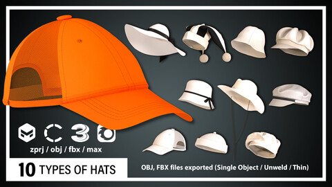 10 TYPES OF HATS (CLO3D, MD PROJECTS+OBJ+FBX)