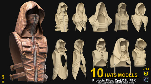 10 HATS MODELS VOL 3 (CLO3D AND MARVELOUS DESIGNER) ZPRJ, OBJ, FBX, UV,4K TEXTUER (CLO3D AND PHOTOSHOP )