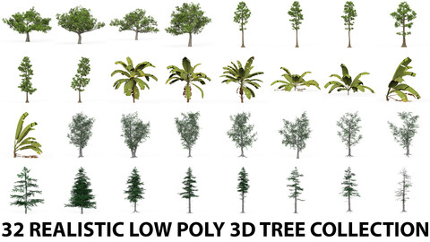 32 Realistic Low Poly 3D Tree Collection