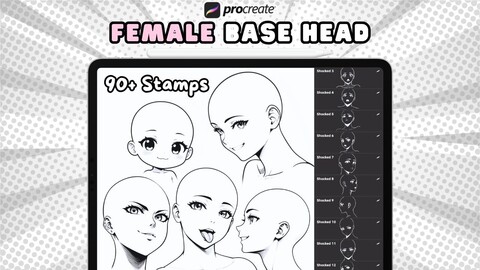 Female Base Head Stamps, Procreate face Brushes, Procreate head Stamps, Procreate women base heads reference, Procreate female emotions