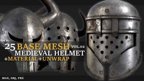 25 Medieval & Warrior Helmet Base Mesh Collection + PBR TEXTURES - VOL 02