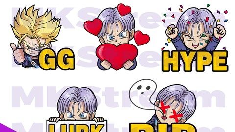 Emotes dragon ball chibi trunks rip, gg, lurk, love & hype pack