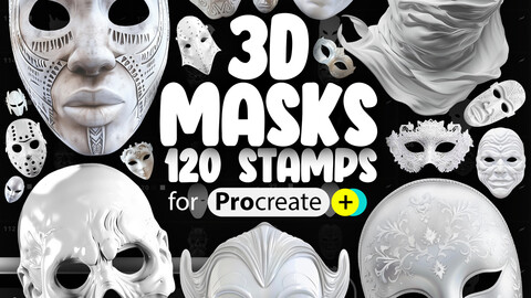 120 Procreate 3D Masks Stamps Brushes | Procreate Venetian Mask Stamps | Procreate African Mask Stamps | Procreate Japanese Noh Mask Stamps | Procreate Balinese Mask Stamps | Procreate 3D Brushes | Procreate Dual Color Stamps Brushes