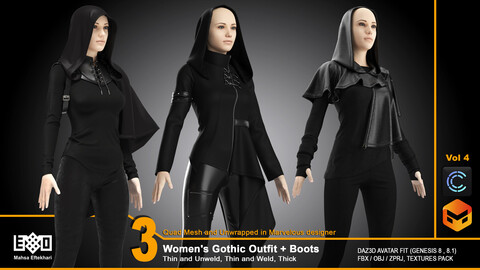 3 Women's Gothic Outfit + Boots (ZPRJ+FBX+OBJ Files)