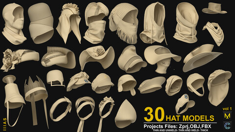 30 HATS MODESL VOL 1 (CLO3D AND MARVELOUS DESIGNER) ZPRJ, OBJ, FBX, UV