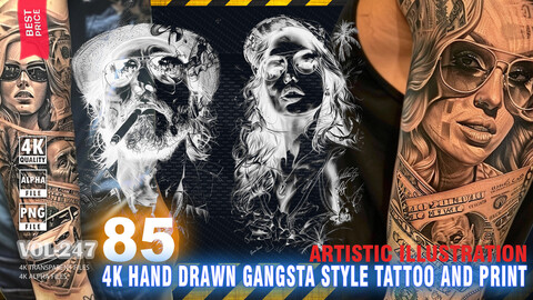 85 4K HAND DRAWN GANGSTA SLEEVE STYLE TATTOO AND PRINT - ARTISTIC ILLUSTRATION - HIGH END QUALITY RES - (TRANSPARENT & ALPHA) - VOL247