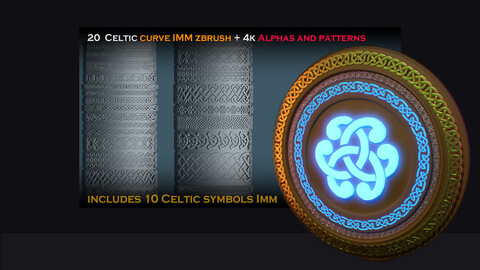 20  Celtic / Viking curve IMM zbrush + 4k Alphas (Blender) And Patterns