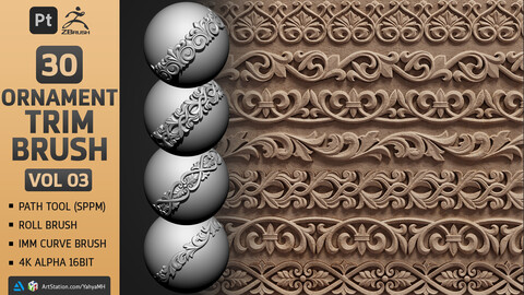 30 Ornament Trim Brush (Path Tool,Roll Brush,IMM Curve Brush,4K Seamless Alpha 16Bit) - Ornament Library VOL 03