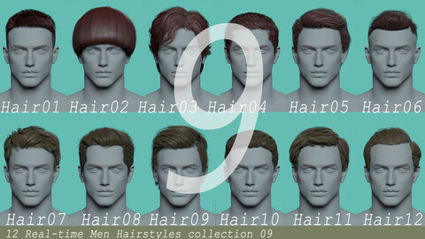 12 Real-time  Hairstyles for male collection 09 male hair  haircut head girl young female blonde brunette beautiful wig character hairstyle haircut human real time ingame lowpoly