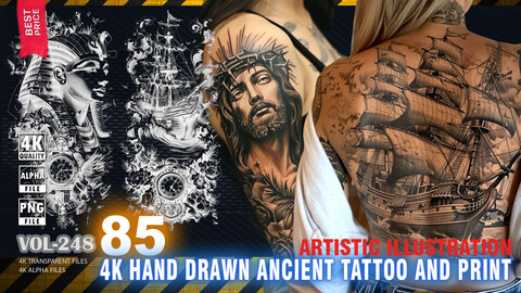 85 4K HAND DRAWN ANCIENT TATTOO AND PRINT - ARTISTIC ILLUSTRATION - HIGH END QUALITY RES - (TRANSPARENT & ALPHA) - VOL248