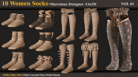 10 Women Socks /MD-Clo3D (ZPRJ + FBX + OBJ)