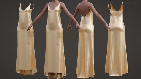 3D Gold Satin Backless Dress -Silk Party Gown