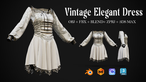 Vintage Elegant dress (Vol02) - Retopo + Obj + Fbx + Spp + Marvelous&Clo3d + 4K Textures