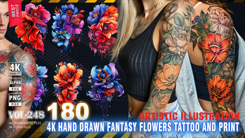 180 4K HAND DRAWN FANTASY FLOWERS TATTOO AND PRINT - ARTISTIC ILLUSTRATION - HIGH END QUALITY RES - (TRANSPARENT & ALPHA) - VOL249