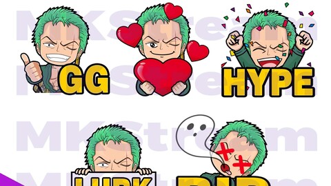 Emotes one piece chibi zoro rip, gg, lurk, love & hype pack