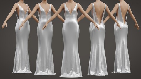 3D Silk Satin Silver Wedding Dress - Backless Party Gown