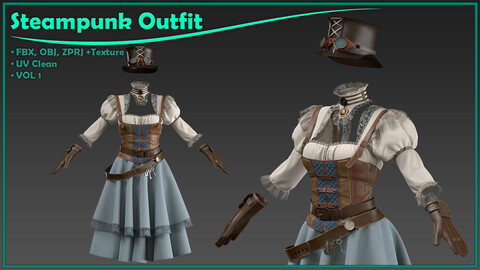 female steampunk outfit with texture/ zprj+obj+fbx+4K PBR/ clo3d, marvelous designer