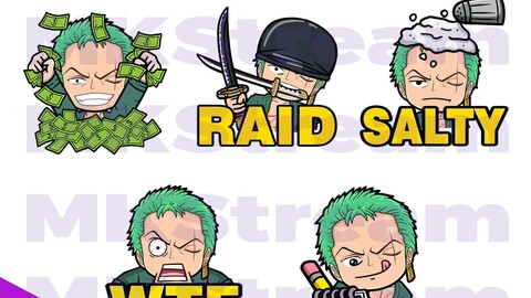 Emotes one piece chibi zoro rich, raid, salty, wtf & note pack