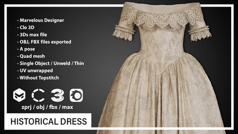 HISTORICAL DRESS(CLO3D, MD PROJECTS+OBJ+FBX)