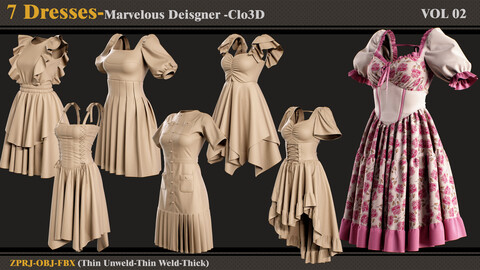 7 Dresses /MD-Clo3D (ZPRJ + FBX + OBJ) -VOL 2