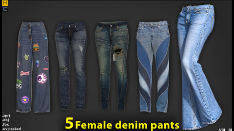 5 female denim pants-MD/Clo3d (OBJ+ FBX+ ZPRJ)+ 4K Textures (VOL01)