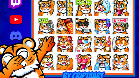 Twitch Emotes, Tiger mega pack emotes, kawaii emojis bundle, animals, subscribers, icons for stream, discord, kick, youtube, tiktok