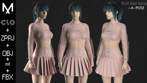 Prada Outfit Female Marvelous designer/Clo3d OBJ mtl FBX ZPRJ(A-POSE)