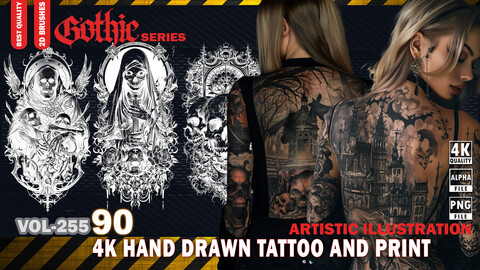 90 4K HAND DRAWN GOTHIC TATTOO AND PRINT - ARTISTIC ILLUSTRATION - HIGH END QUALITY RES - (TRANSPARENT & ALPHA) - VOL255