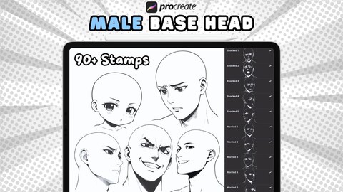 Male Base Head Stamps, Procreate face Brushes, Procreate head Stamps, Procreate Boy and Man base heads reference, Procreate Male emotions