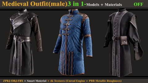 3 in 1 Medieval Outfit-MALE-MD/Clo3d (OBJ + FBX +ZPRJ) + Smart Material + Textures