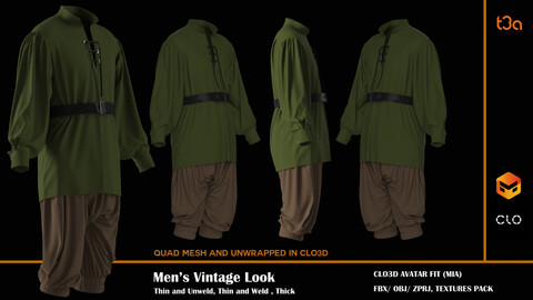 Men's Vintage Look ,  with texture/ zprj+obj+fbx+4K PBR/ clo3d, marvelous designer/outfit