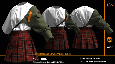 Y2K STYLE | PLAID SKIRT Set/ zprj+obj+fbx/ clo3d, marvelous designer