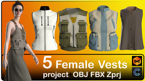 5 Female Vests , Marvelous Designer/Clo3D Project File + OBJ,FBX,Zprj