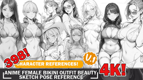 398 Various Anime Female Bikini Outfit Sketch Pose Characters Reference Intricate Designs and Designs Reference Art V1 4K