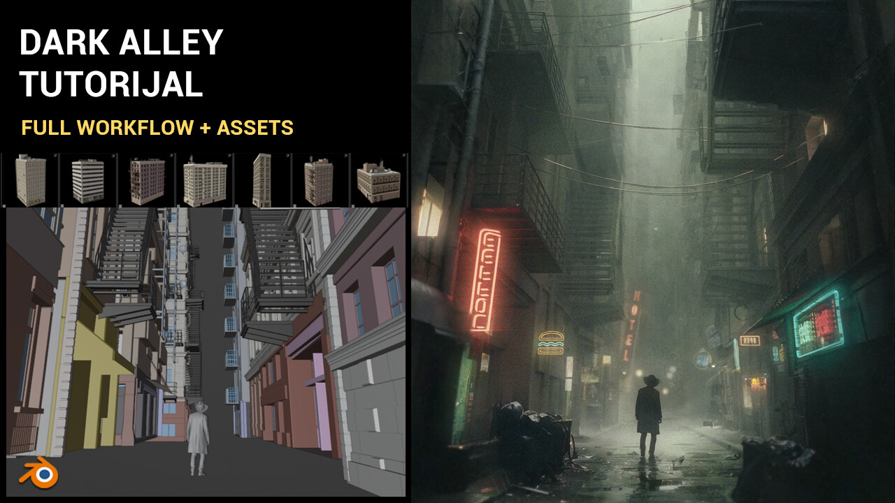 ArtStation - Dark Alley Scene - Full Blender Cinematic Workflow + 300 assets | Tutorials