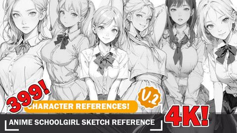 399 Various Anime School girl Sketch Pose Characters Reference and Designs Reference Art V2 4K