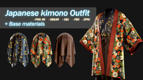 Japanese Kimono Outfit + Base Materials (PNG 4K, SBSAR, OBJ, FBX, ZPRJ)