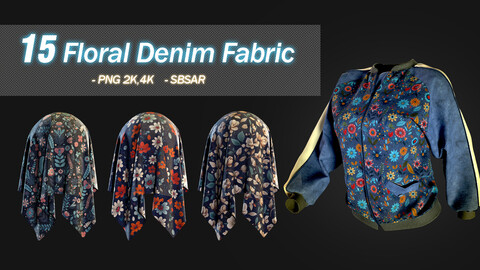 15 Floral Denim Fabric(PNG 4K,2K , SBSAR)