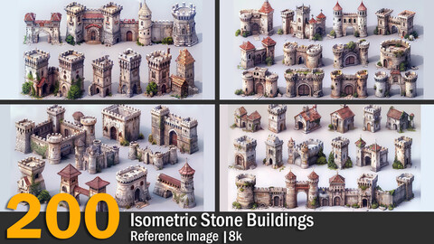 Isometric Stone Buildings | Reference Images | 8K